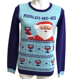 Norther Pole Blue and Red Santa Christmas Sweater Merlot-HO-HO Size Medium